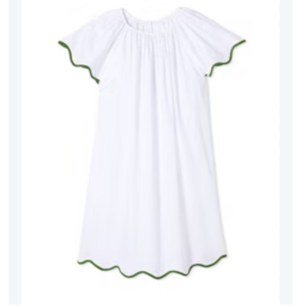 LAKE Pajamas Nightgown Women Large White Green Scallop Trim Cotton Sleep Dress